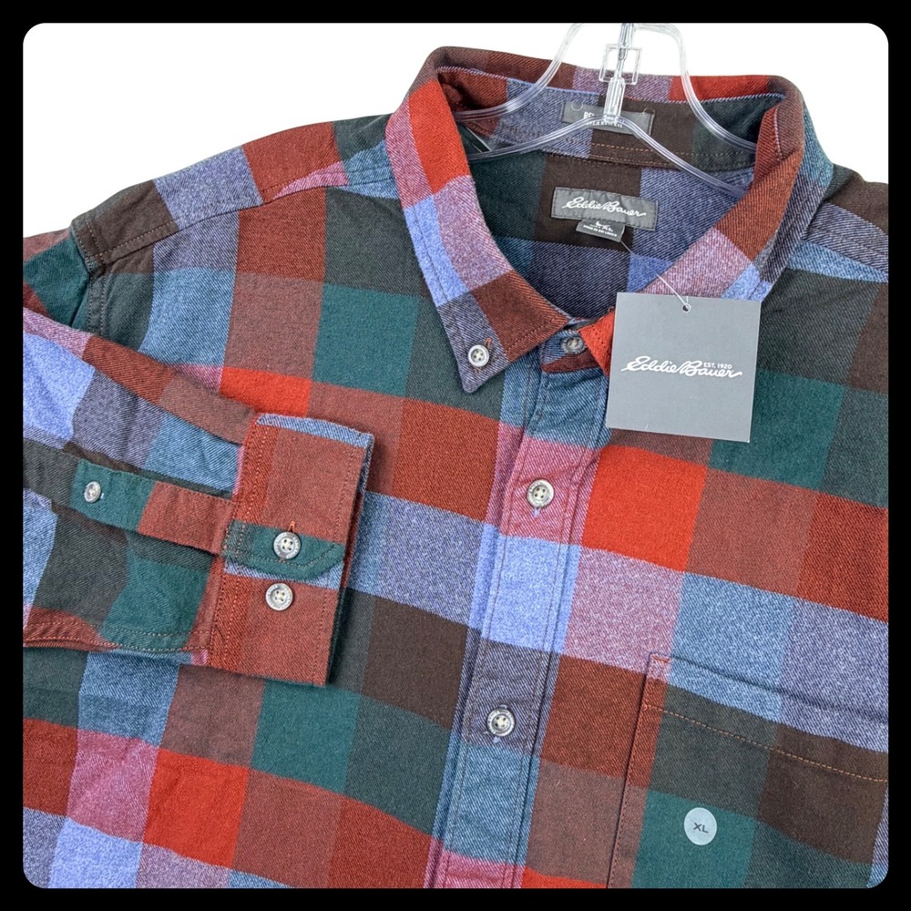 Eddie Bauer Favorite Flannel Shirt Men XL Red Blue Check Cotton Button Down NWT